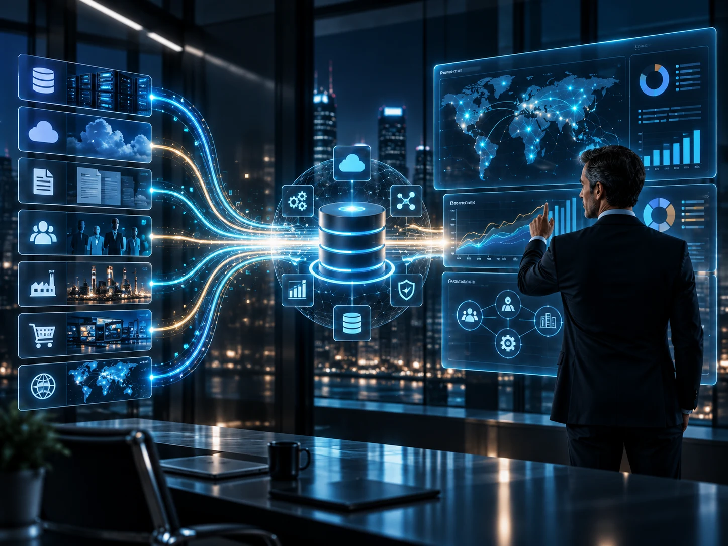 Enterprise data integration hub connecting systems, data flows, and unified reporting