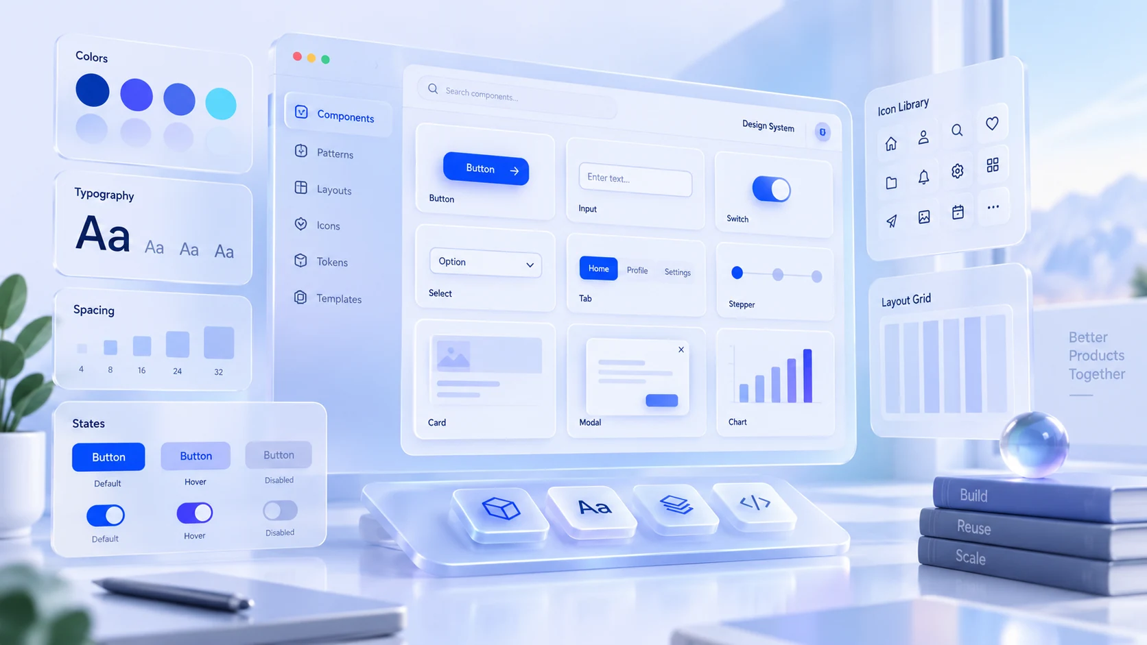 Modern design system dashboard showing reusable components, tokens, icons, typography, and layout rules