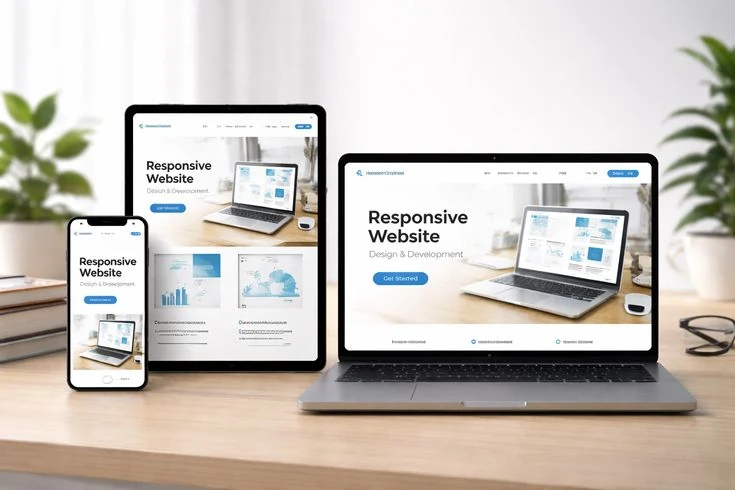 Responsive website shown across phone, tablet, and laptop screens on a clean workspace