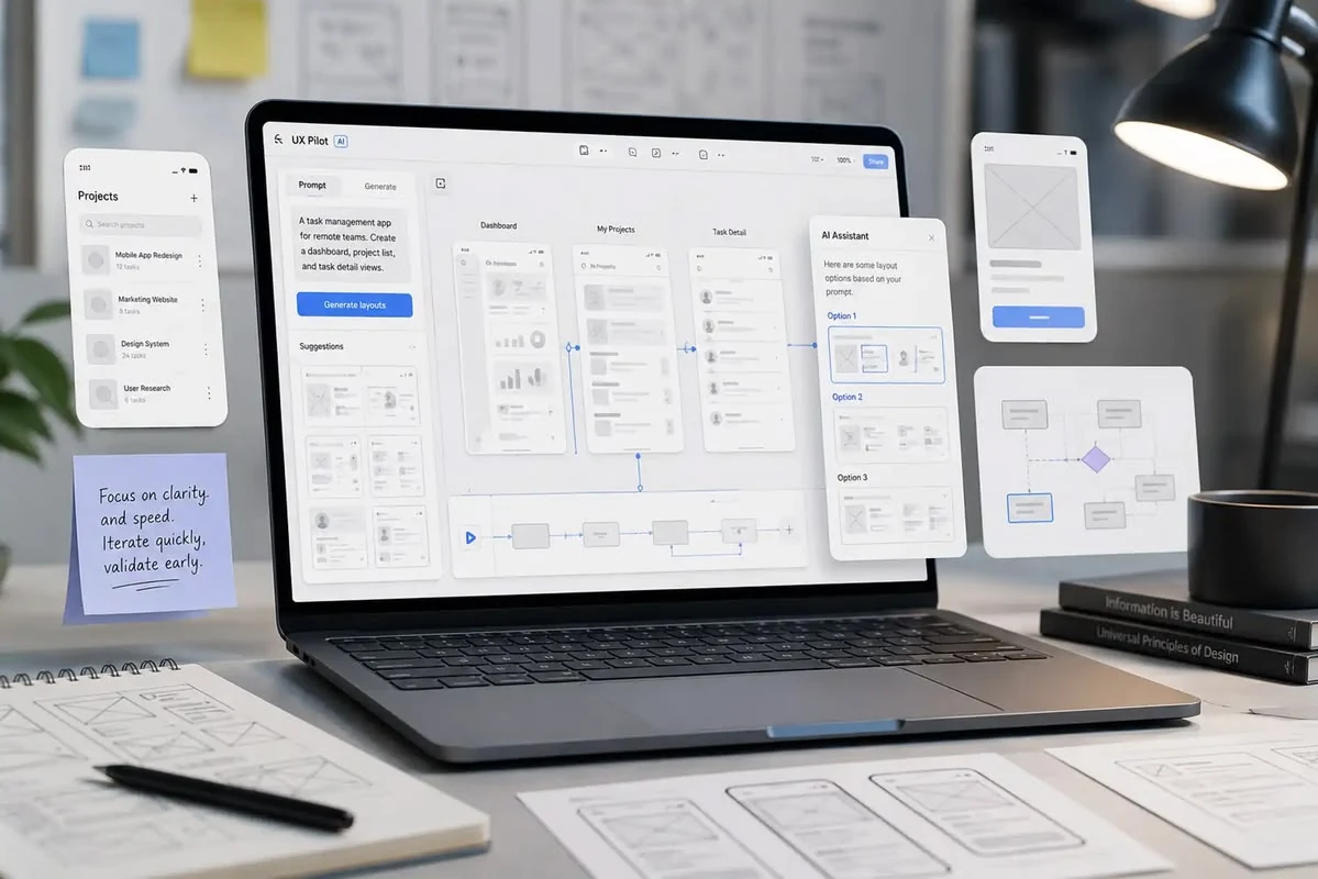 Laptop displaying wireframes, interactive prototype flows, and interface concepts for product design